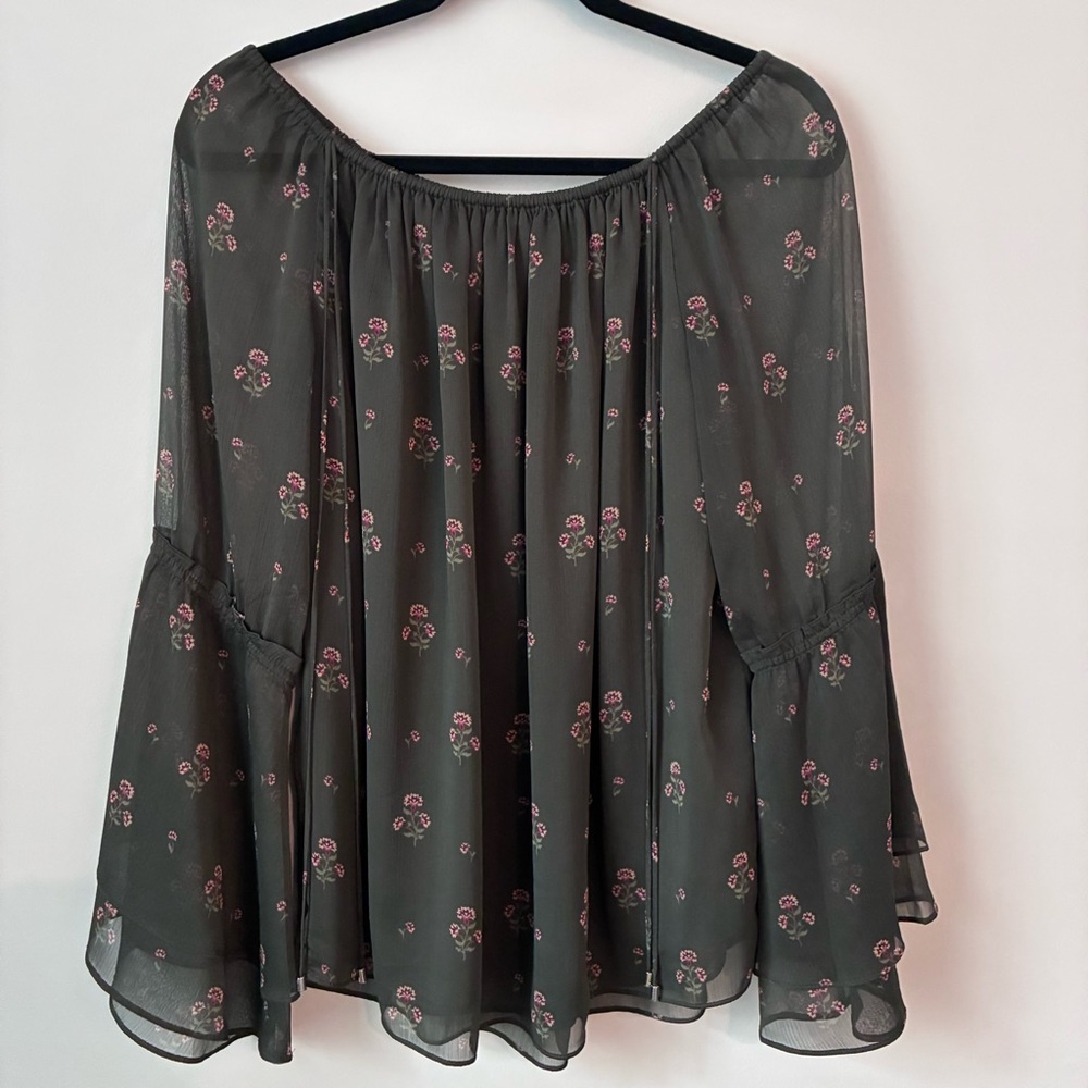 White House Black Market Olive Floral Blouse Bell sleeve